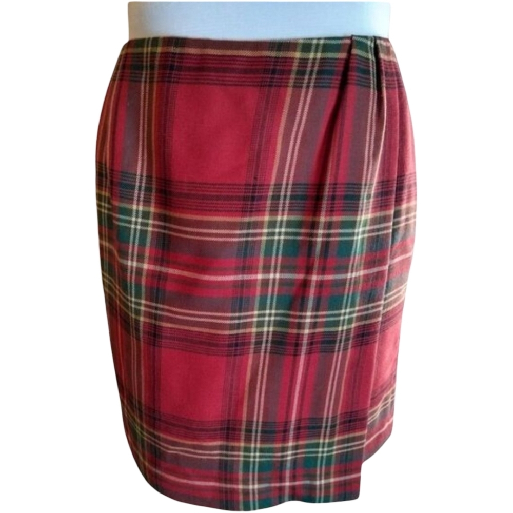 Lands' End Red Plaid Faux Wrap Skirt